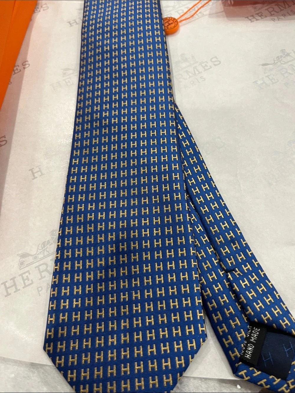 Hermes Blue Silk Tie with H Motif